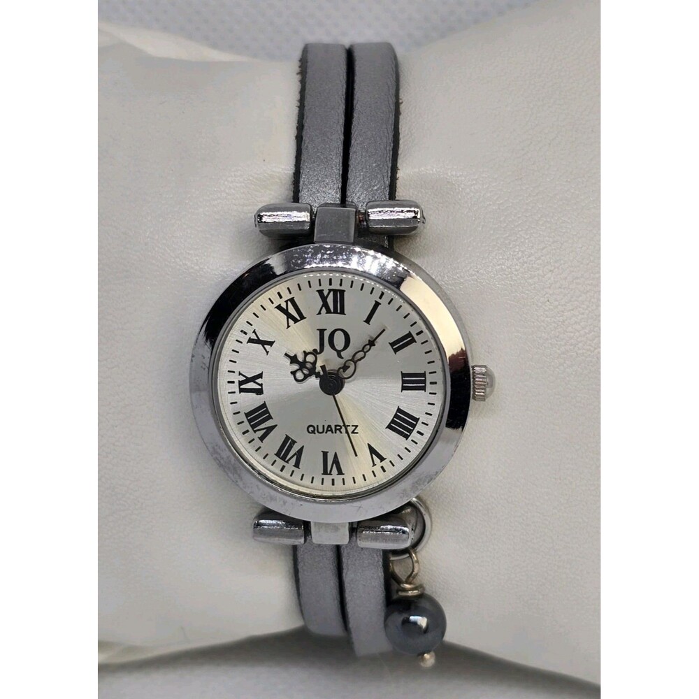 Women's JQ Round Silver Tone Case Dial Double Grey Leather Strap Watch 05